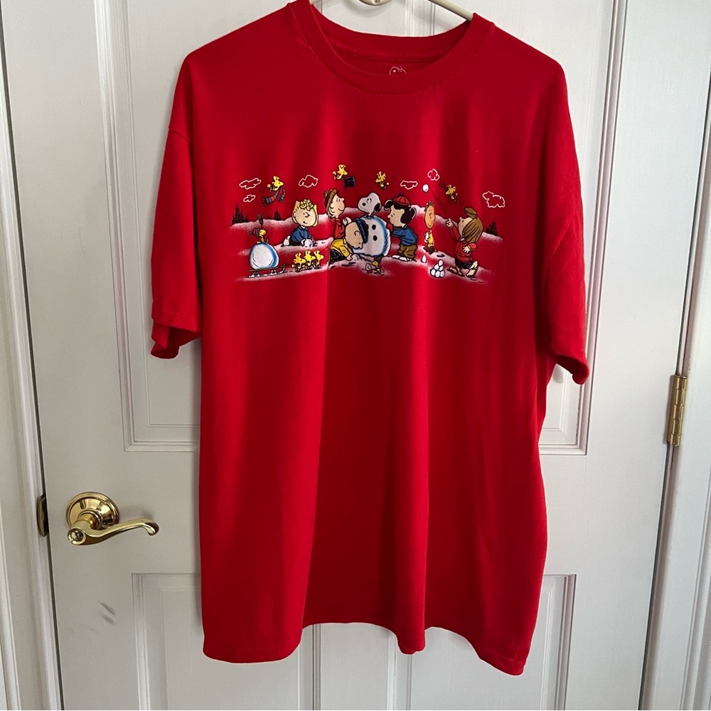 Mens PEANUTS 100% Cotton Winter Holiday Graphic Short Sleeve Red Tee Size XL